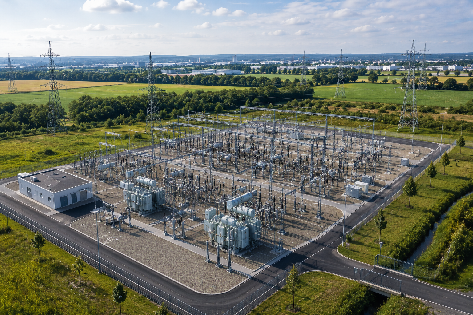 Umspannwerk und Energieinfrastruktur als Sinnbild fuer stabile Versorgung, sichere Netze und belastbare Betriebsprozesse.